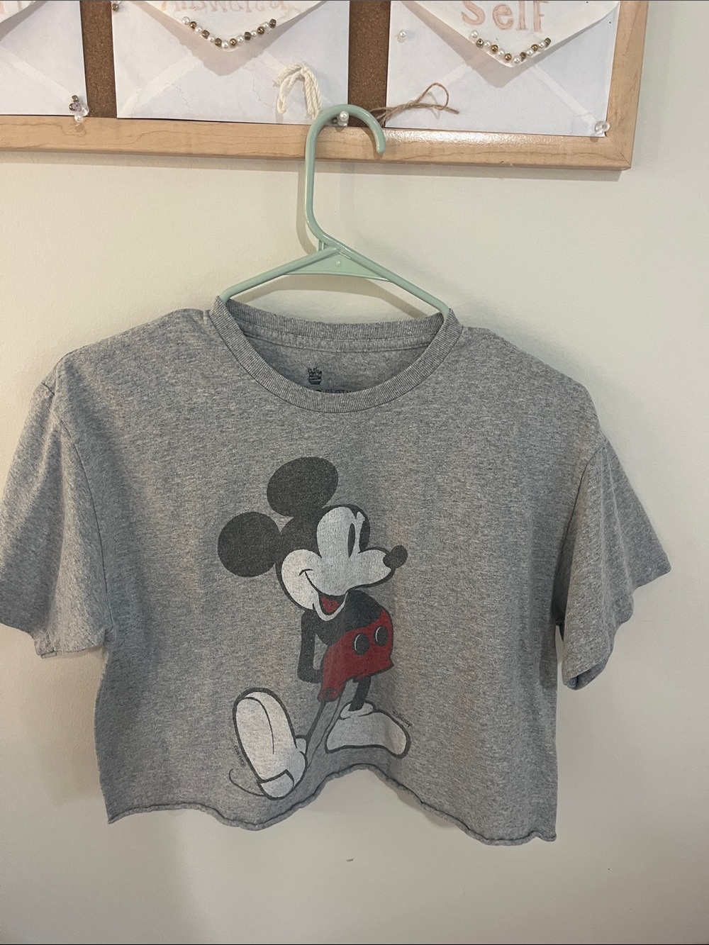 Junk Food Clothing Gray Cropped Mickey Mouse Tee with Red Shorts